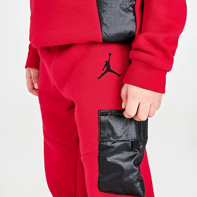 On Model 6 view of Boys' Toddler Jordan Essentials Premium Crewneck and Jogger Pants Set in Black/Red Click to zoom