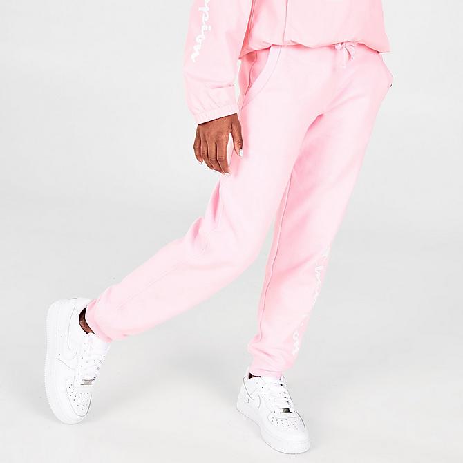 Back Left view of Girls' Champion Script Logo Fleece Jogger Pants in Pink Candy Click to zoom