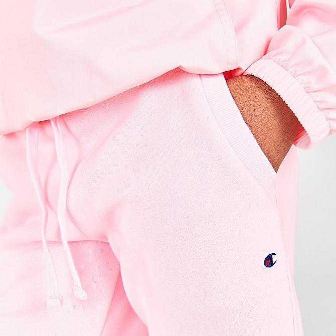 On Model 5 view of Girls' Champion Script Logo Fleece Jogger Pants in Pink Candy Click to zoom