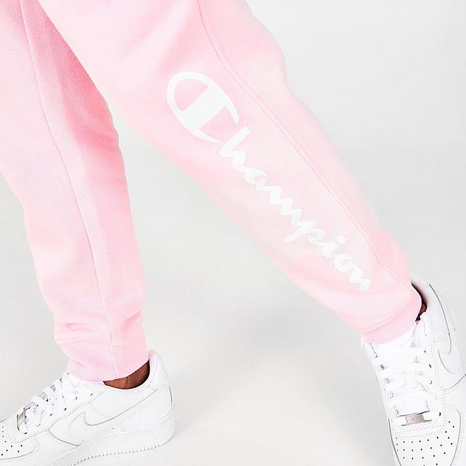 On Model 6 view of Girls' Champion Script Logo Fleece Jogger Pants in Pink Candy Click to zoom