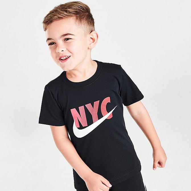 Front view of Boys' Toddler Nike Sportswear NYC T-Shirt in Black/Red Click to zoom