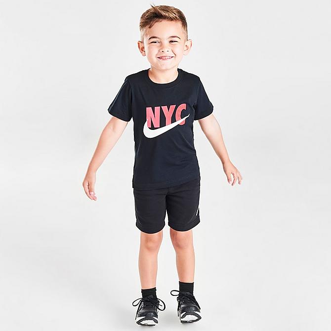 Front Three Quarter view of Boys' Toddler Nike Sportswear NYC T-Shirt in Black/Red Click to zoom