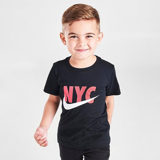 Back Left view of Boys' Toddler Nike Sportswear NYC T-Shirt in Black/Red Click to zoom