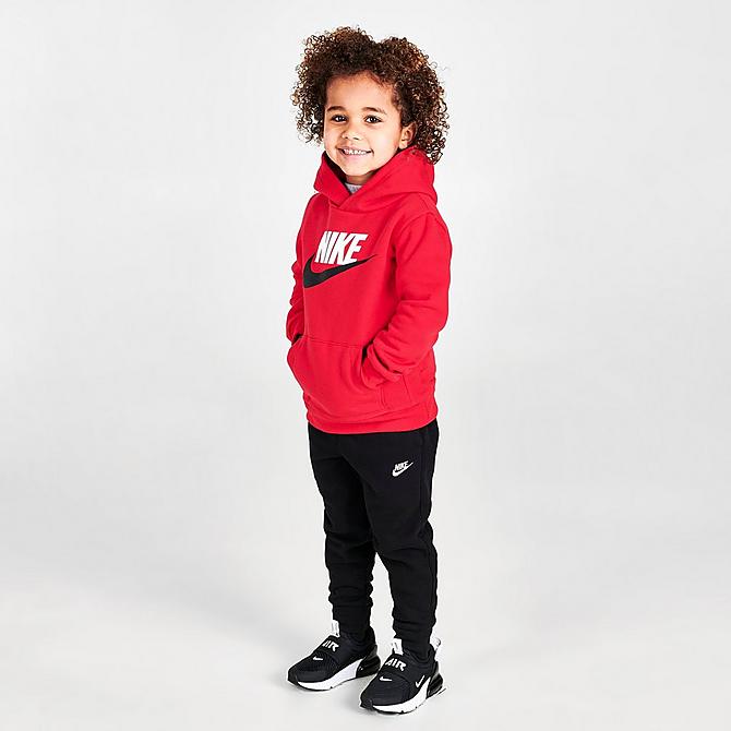 Front Three Quarter view of Boys' Toddler Nike Sportswear HBR Hoodie in Red/Black/White Click to zoom
