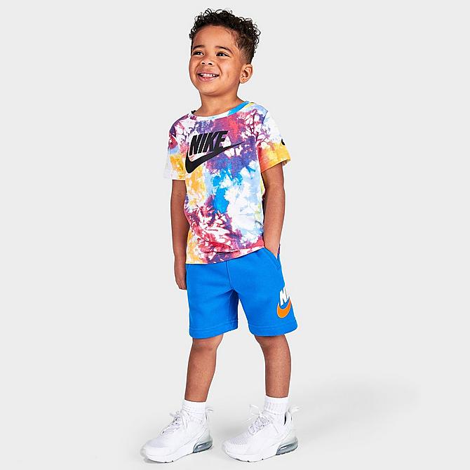 Front Three Quarter view of Kids' Toddler Nike Sportswear Club Fleece Shorts in Game Royal/White Click to zoom