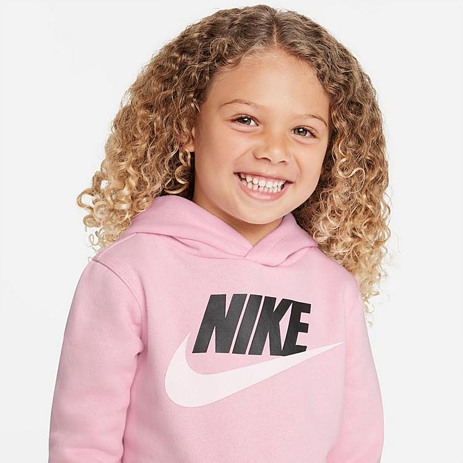Front Three Quarter view of Kids' Toddler Nike Metallic Futura Logo Pullover Hoodie and Jogger Pants Set Click to zoom