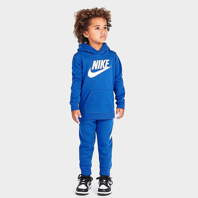 Front view of Kids' Toddler Nike Metallic Futura Logo Pullover Hoodie and Jogger Pants Set in Game Royal Click to zoom