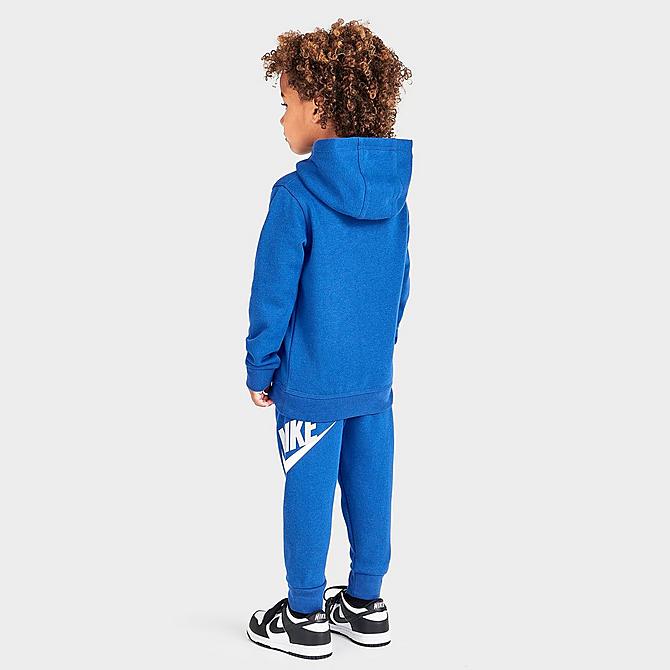 Front Three Quarter view of Kids' Toddler Nike Metallic Futura Logo Pullover Hoodie and Jogger Pants Set in Game Royal Click to zoom