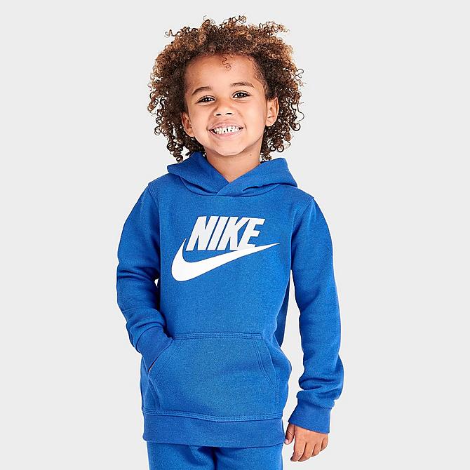 Back Left view of Kids' Toddler Nike Metallic Futura Logo Pullover Hoodie and Jogger Pants Set in Game Royal Click to zoom