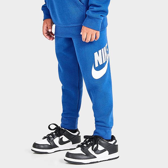 Back Right view of Kids' Toddler Nike Metallic Futura Logo Pullover Hoodie and Jogger Pants Set in Game Royal Click to zoom