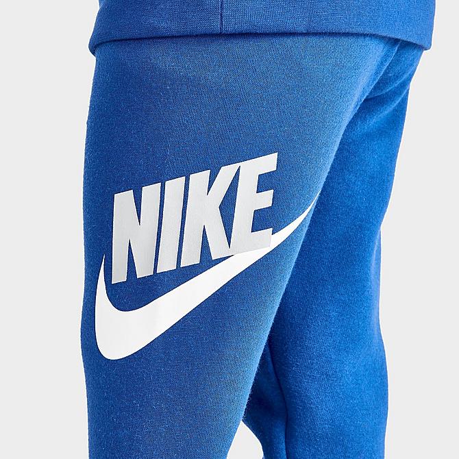 On Model 6 view of Kids' Toddler Nike Metallic Futura Logo Pullover Hoodie and Jogger Pants Set in Game Royal Click to zoom