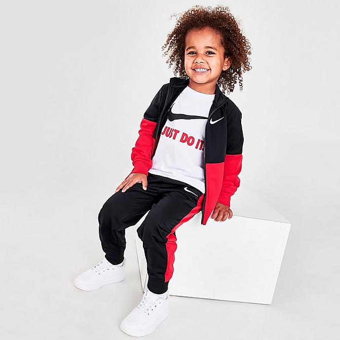 Front view of Boys' Toddler Nike Tricot 3-Piece Track Set and T-Shirt in Black/University Red Click to zoom