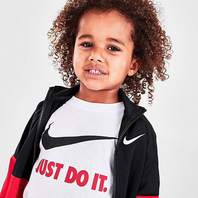 On Model 6 view of Boys' Toddler Nike Tricot 3-Piece Track Set and T-Shirt in Black/University Red Click to zoom