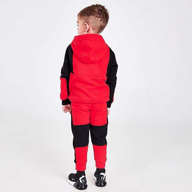 Front Three Quarter view of Boys' Toddler Nike Air Pullover Hoodie and Joggers Set in Red/Black/White Click to zoom