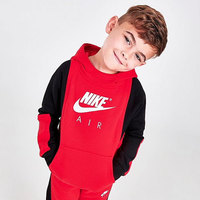 Back Left view of Boys' Toddler Nike Air Pullover Hoodie and Joggers Set in Red/Black/White Click to zoom