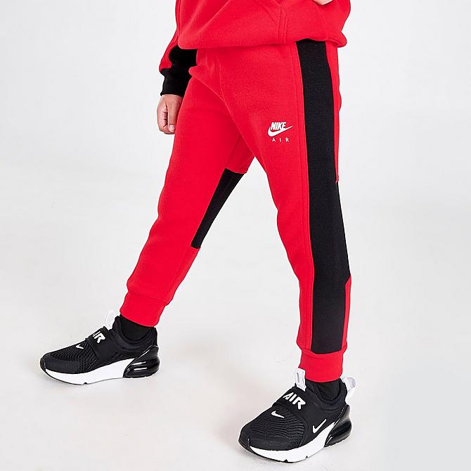 Back Right view of Boys' Toddler Nike Air Pullover Hoodie and Joggers Set in Red/Black/White Click to zoom