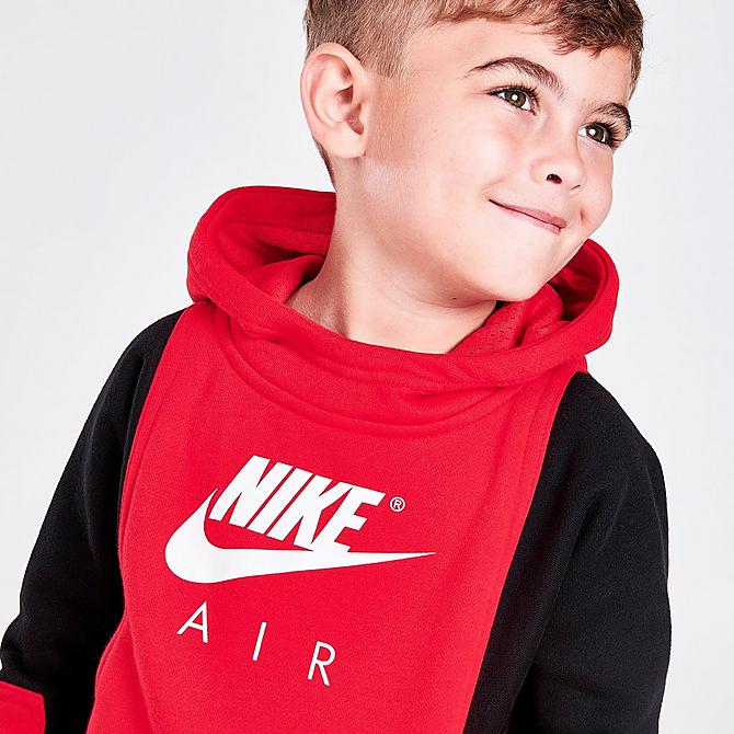 On Model 6 view of Boys' Toddler Nike Air Pullover Hoodie and Joggers Set in Red/Black/White Click to zoom