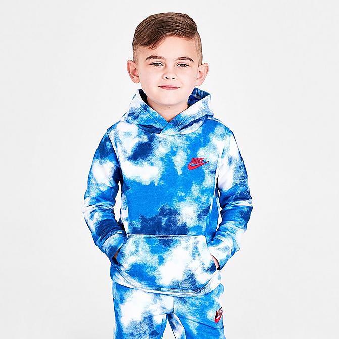 Front view of Boys' Toddler Nike Allover Print Club Fleece Hoodie in Blue/White Click to zoom