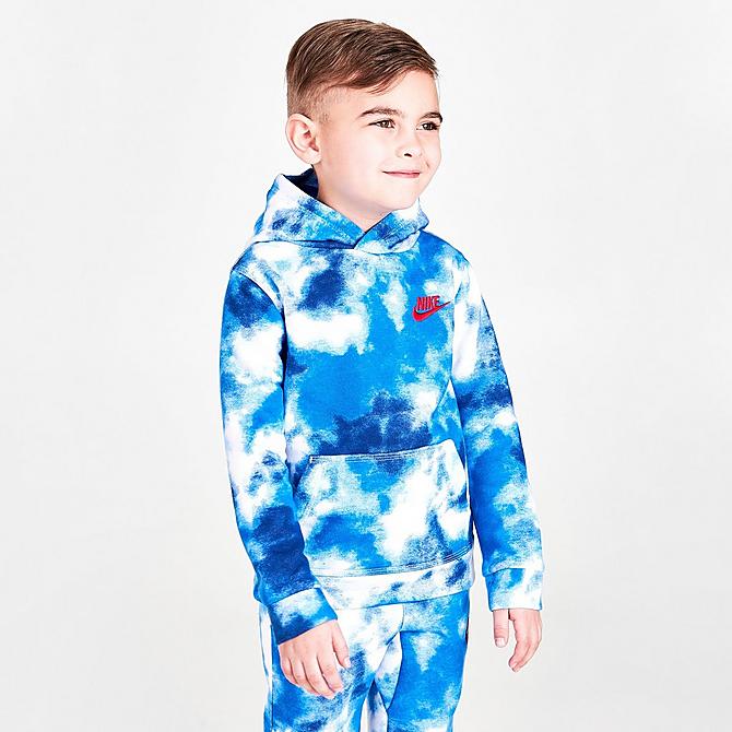 Back Left view of Boys' Toddler Nike Allover Print Club Fleece Hoodie in Blue/White Click to zoom
