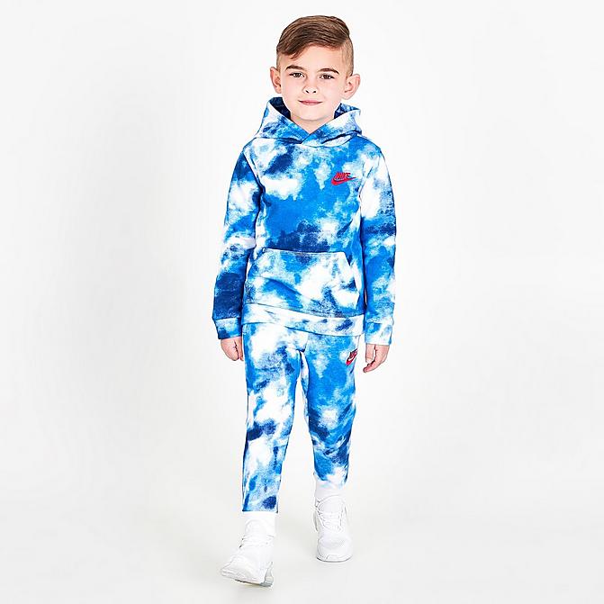 Front view of Boys' Toddler Nike Allover Print Club Fleece Jogger Pants in Blue/White Click to zoom