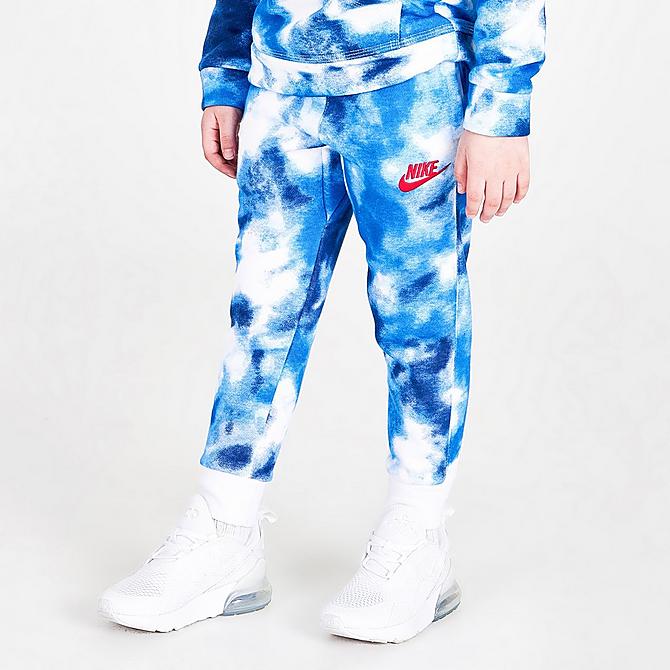 Back Left view of Boys' Toddler Nike Allover Print Club Fleece Jogger Pants in Blue/White Click to zoom