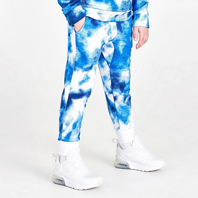 Back Right view of Boys' Toddler Nike Allover Print Club Fleece Jogger Pants in Blue/White Click to zoom