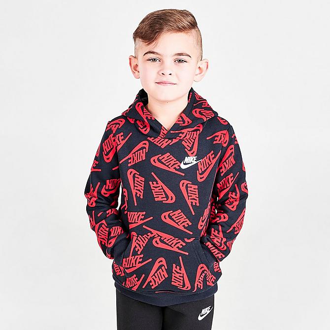 Back Left view of Boys' Toddler Nike Sportswear Futura Toss Allover Print Fleece Hoodie and Jogger Pants Set in Black/University Red/White Click to zoom