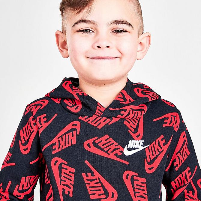 On Model 5 view of Boys' Toddler Nike Sportswear Futura Toss Allover Print Fleece Hoodie and Jogger Pants Set in Black/University Red/White Click to zoom