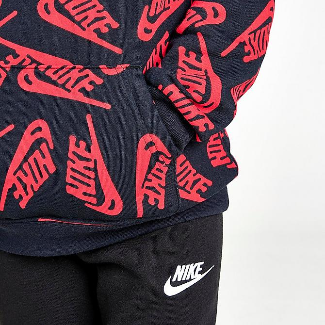 On Model 6 view of Boys' Toddler Nike Sportswear Futura Toss Allover Print Fleece Hoodie and Jogger Pants Set in Black/University Red/White Click to zoom
