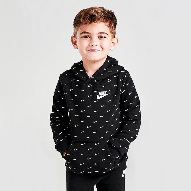 Back Left view of Kids' Toddler Nike Allover Print Swoosh Hoodie and Jogger Pants Set in Black/White Click to zoom