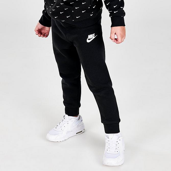 Back Right view of Kids' Toddler Nike Allover Print Swoosh Hoodie and Jogger Pants Set in Black/White Click to zoom