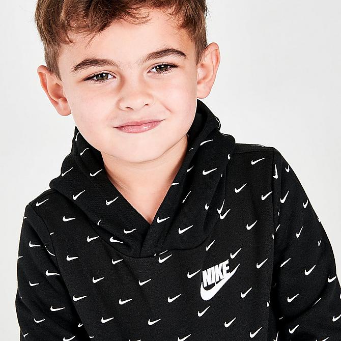On Model 5 view of Kids' Toddler Nike Allover Print Swoosh Hoodie and Jogger Pants Set in Black/White Click to zoom