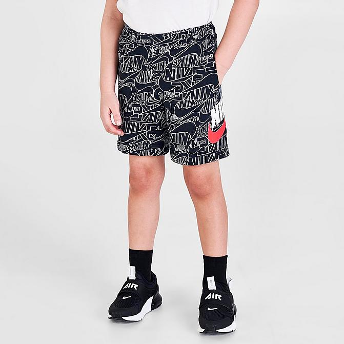 Front view of Boys' Toddler Nike Sportswear Read Allover Print French Terry Shorts in Black/White Click to zoom
