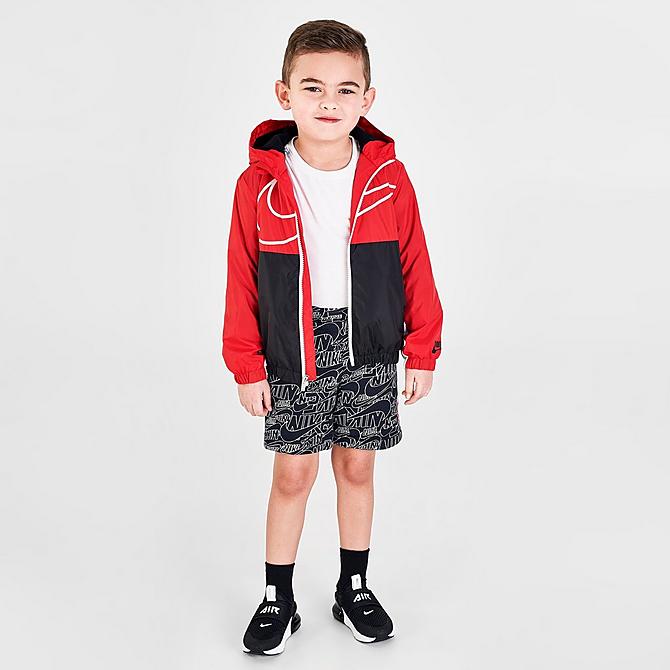 Front Three Quarter view of Boys' Toddler Nike Sportswear Read Allover Print French Terry Shorts in Black/White Click to zoom