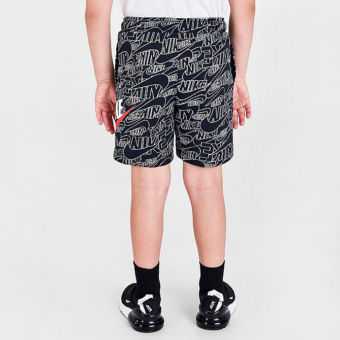 Back Right view of Boys' Toddler Nike Sportswear Read Allover Print French Terry Shorts in Black/White Click to zoom