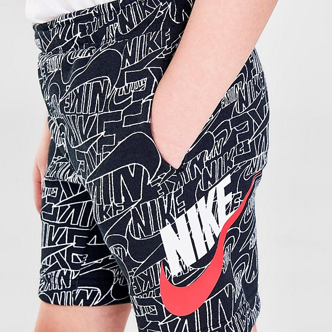 On Model 5 view of Boys' Toddler Nike Sportswear Read Allover Print French Terry Shorts in Black/White Click to zoom
