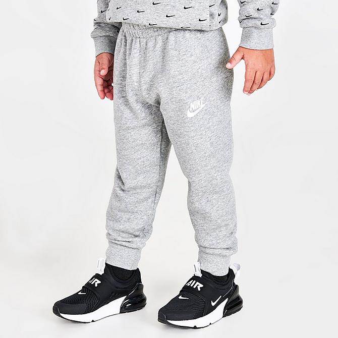 Back Right view of Boys' Toddler Nike Sportswear Swoosh Print Half-Zip Sweatshirt and Jogger Pants in Carbon Heather/Black Click to zoom