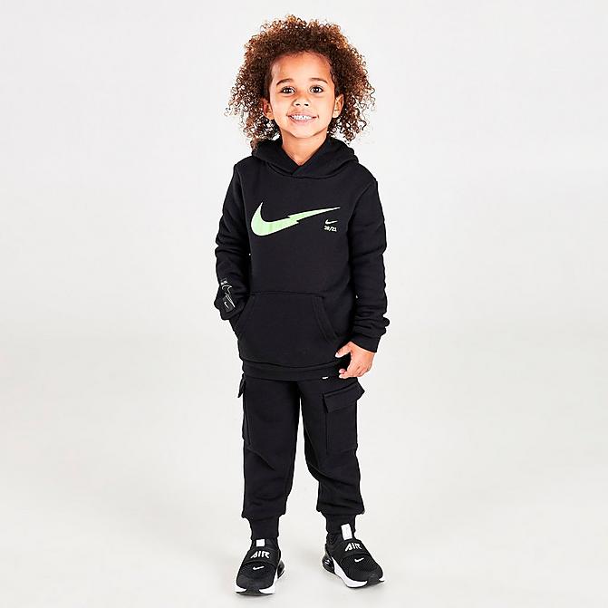 Front view of Boys' Toddler Nike ZigZag Fleece Hoodie and Cargo Pants Set in Black/Lime Ice Click to zoom