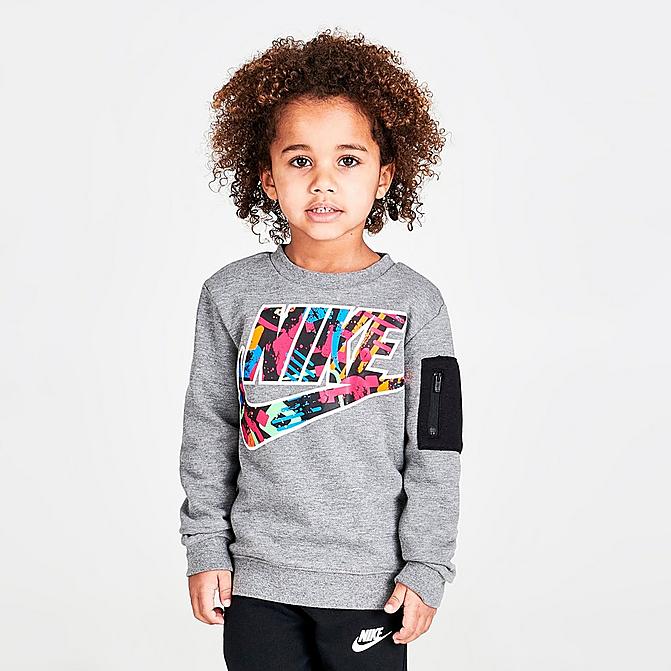 Front view of Boys' Toddler Nike Sportswear Thrill Print Zip Pocket Crewneck Sweatshirt in Grey Heather/Multi Click to zoom