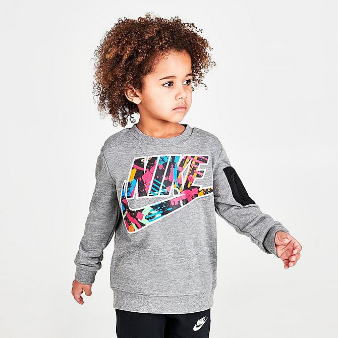 Back Left view of Boys' Toddler Nike Sportswear Thrill Print Zip Pocket Crewneck Sweatshirt in Grey Heather/Multi Click to zoom