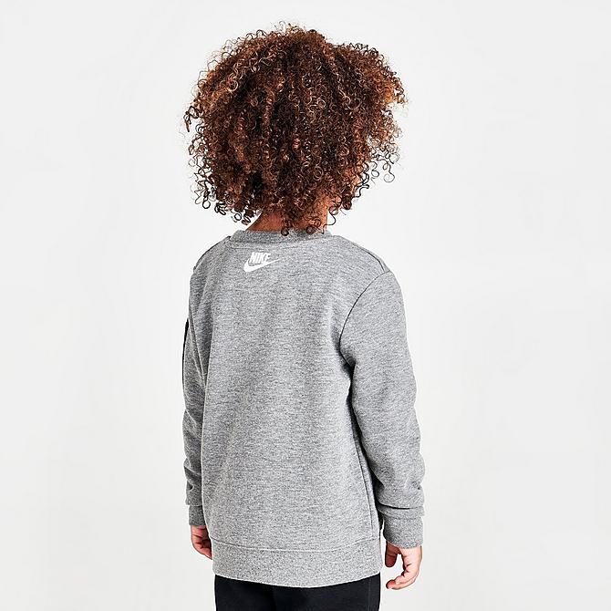 Back Right view of Boys' Toddler Nike Sportswear Thrill Print Zip Pocket Crewneck Sweatshirt in Grey Heather/Multi Click to zoom
