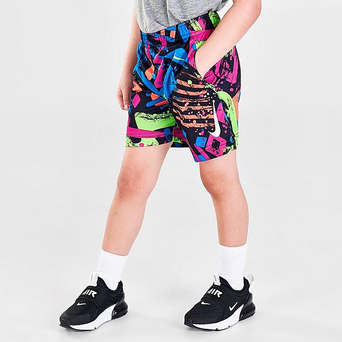 Front view of Boys' Toddler Nike Thrill Allover Print Dri-FIT Shorts in Black/Multi Click to zoom