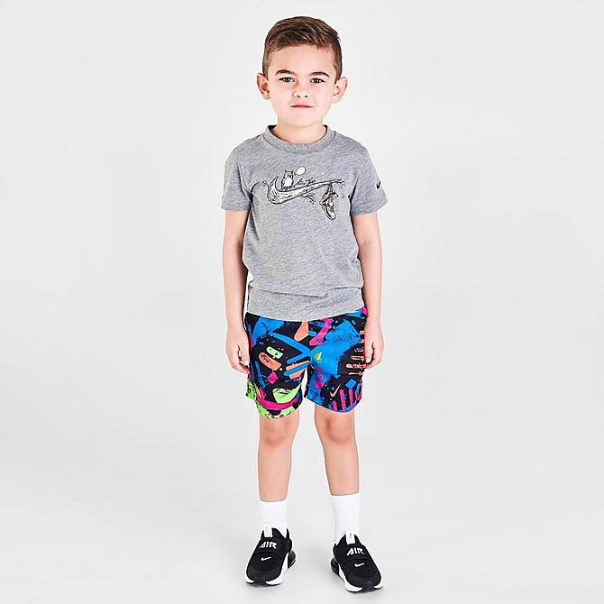 Front Three Quarter view of Boys' Toddler Nike Thrill Allover Print Dri-FIT Shorts in Black/Multi Click to zoom