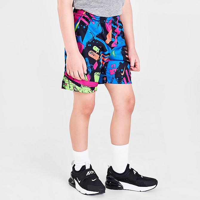 Back Left view of Boys' Toddler Nike Thrill Allover Print Dri-FIT Shorts in Black/Multi Click to zoom