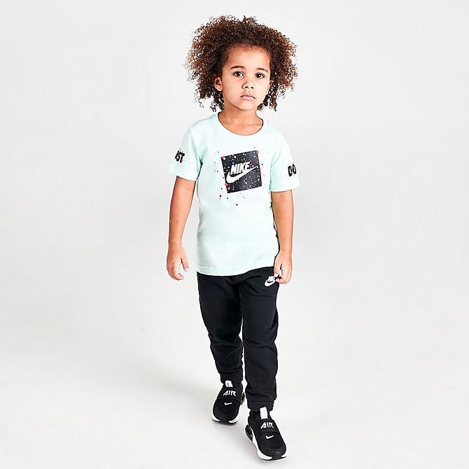 Front Three Quarter view of Boys' Toddler Nike Confetti Box Graphic T-Shirt in Mint/Black/Multi Click to zoom