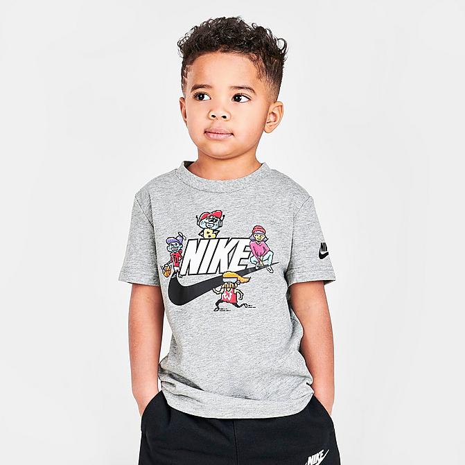 Front view of Boys' Toddler Nike Sportswear Tots Character T-Shirt in Heather Grey/Multi Click to zoom