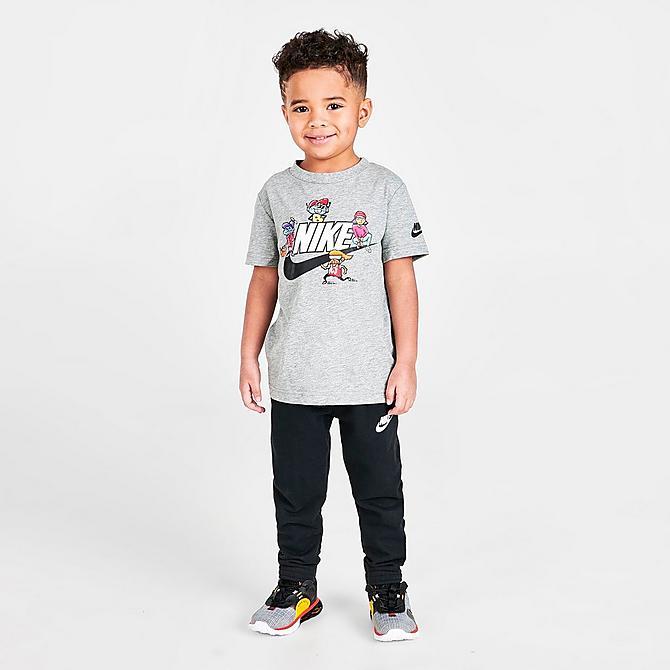 Front Three Quarter view of Boys' Toddler Nike Sportswear Tots Character T-Shirt in Heather Grey/Multi Click to zoom