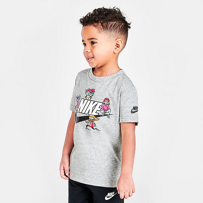 Back Left view of Boys' Toddler Nike Sportswear Tots Character T-Shirt in Heather Grey/Multi Click to zoom