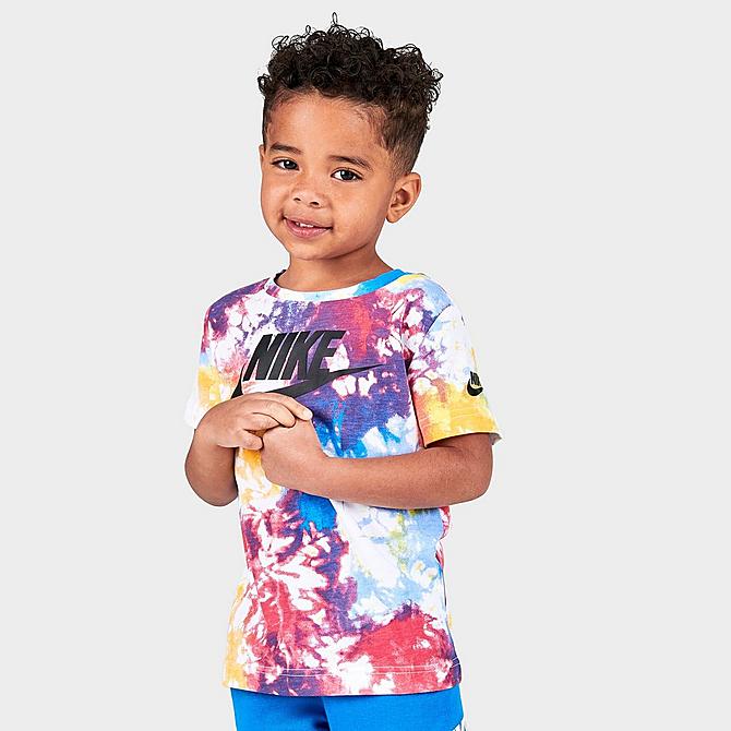 Back Left view of Kids' Toddler Nike Sportswear Tie-Dye Futura T-Shirt in Multi-Color Click to zoom