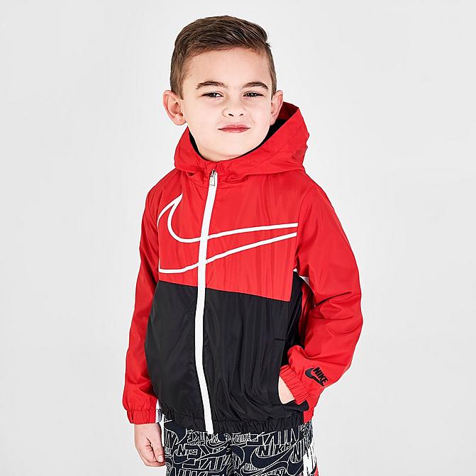 Front view of Boys' Toddler Nike Sportswear Swoosh Fleece Lined Jacket in University Red/Black/White Click to zoom